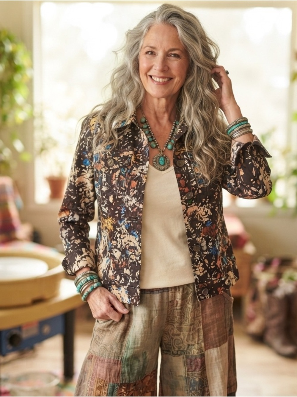CJ Banks Brown Multicolor Abstract Button-Down Shirt Jacket